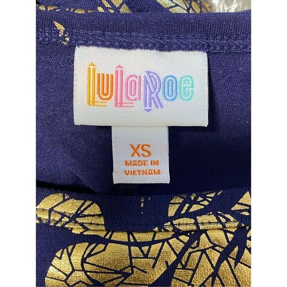 LuLuRoe Womens CARLY Swing Dress Short Sleeve Blue Gold Metallic Hi Lo XS NEW - Picture 3 of 5